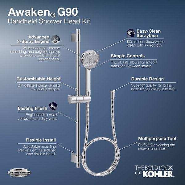 Kohler Awaken G90 Handbrause Mit Gleitstange – 3 Sprühfunktionen, Gebürstetes Nickel